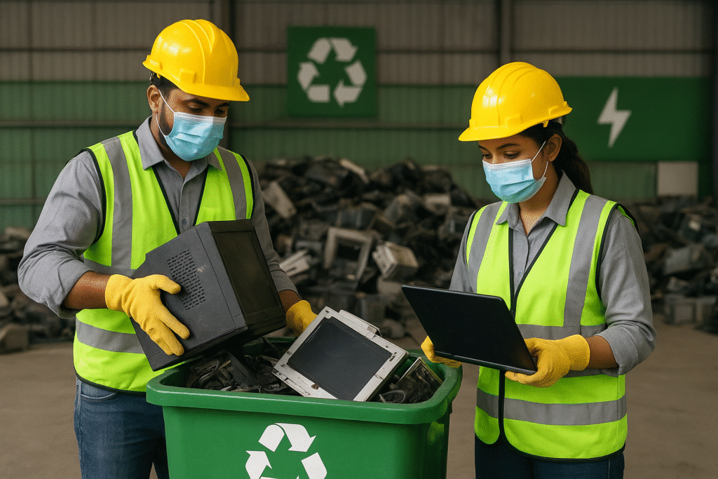 Workers sorting e-waste in recycling facility